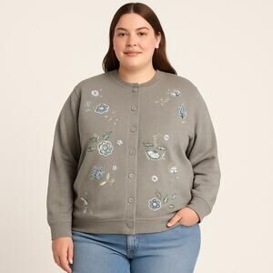 Bonnie Evans Gray Floral Embroidered Button Sweatshirt Women’s 2X Cozy Casual